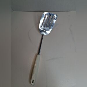 Ekco Slotted Angled Vtg Spatula Chromium Plated - Plastic White Handle 13” Long